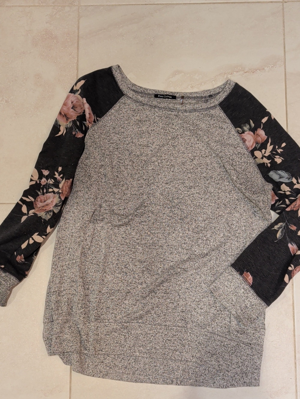 Pink Clover Gray Pullover with Black Floral Sleeves - Large Petite